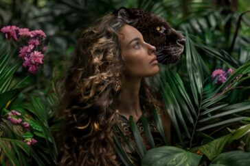 Donna con capelli lunghi in una giungla